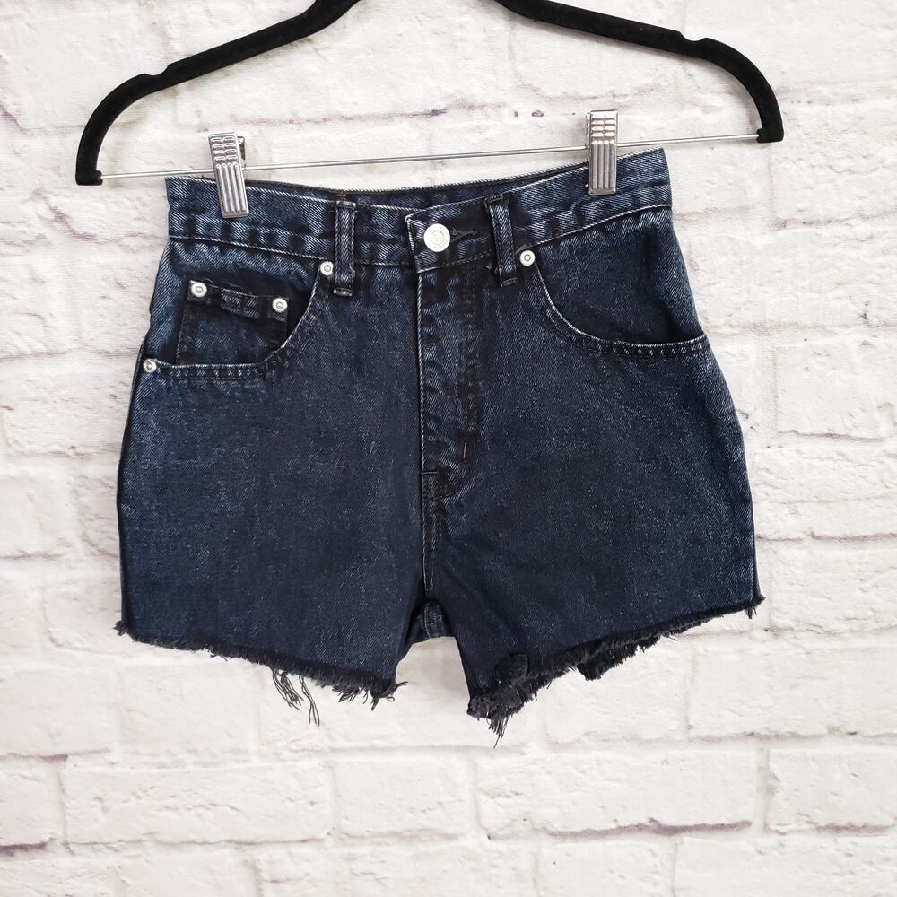 Vintage 90s LA Blues Dark Wash Cutoff Raw Hem High Rise Mom Jean Shorts Sz 2